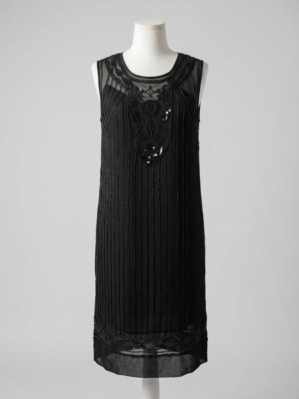 Vintage 100% Silk Beaded Flapper Dress Banana Republic 2 Petite Black 1920s LBD